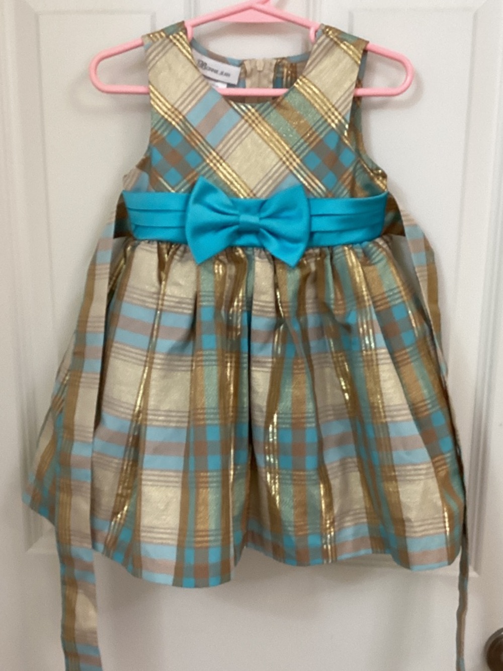 Bonnie Jean Gold and Turquoise Plaid Party Dress with Bow Sash